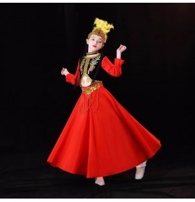 Red Black gradient chinese Xinjiang dance dresses for kids baby Girl Uyghur Kazakh minority kindergarten performance costumes for children